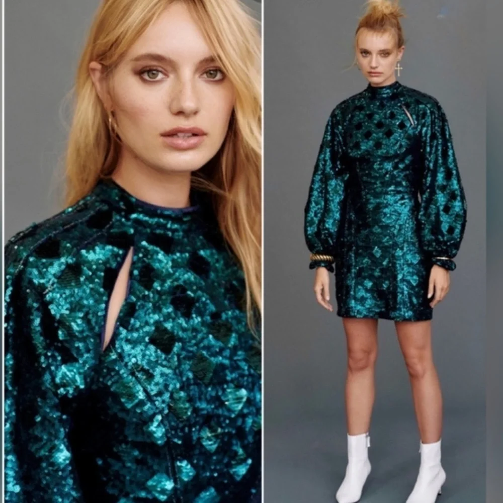 Free People Teal Sequined Chantes Holiday Backless Blouson Sleeves Dress Size 2